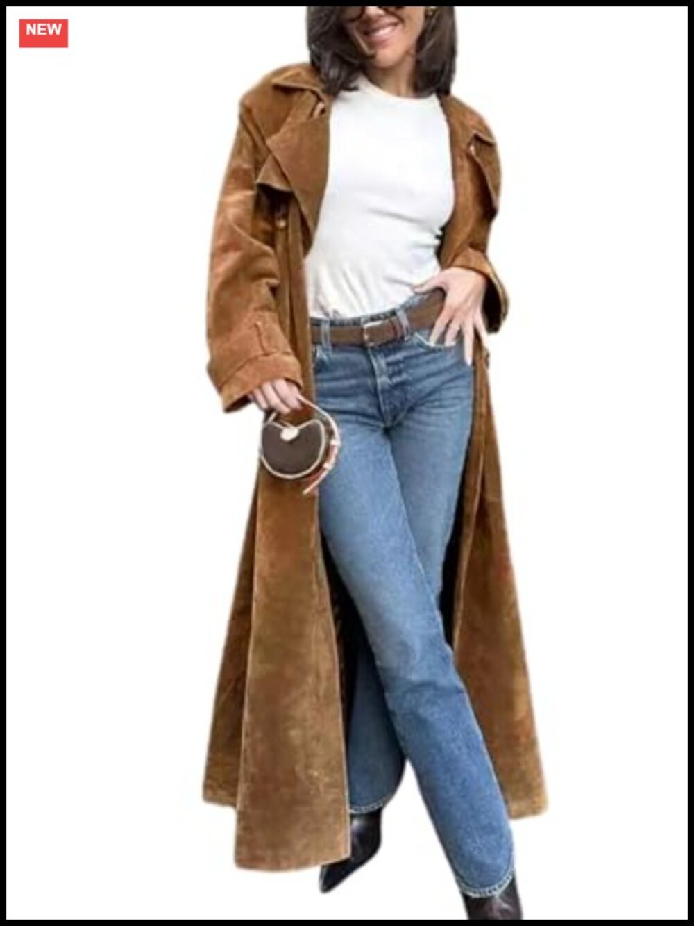 Faux Suede Long Trench Coat Notched Lapel Double Breasted Belted